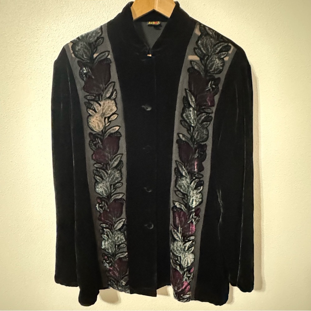 Vintage Ethos Burnout Velvet Blouse Floral Panel Long Sleeve Mandarin Collar-L